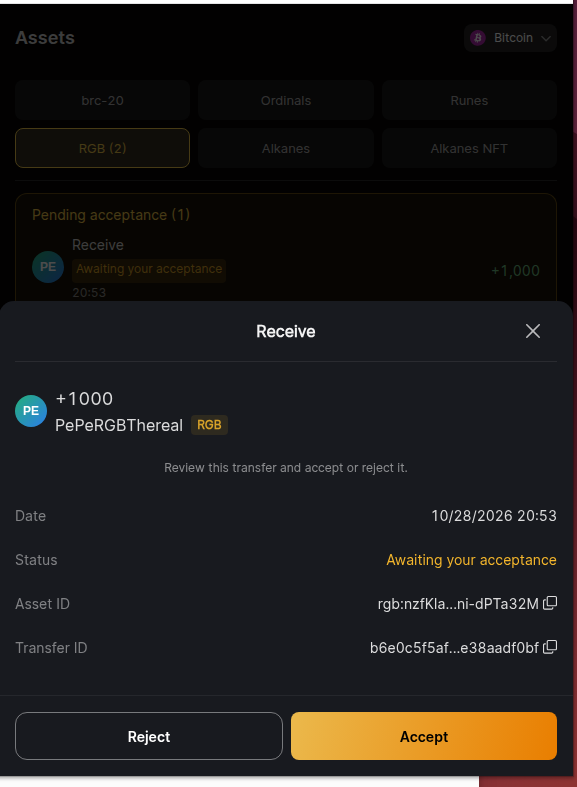 UniSat: incoming +1000 SPPRGB, Awaiting your acceptance, with an Accept button