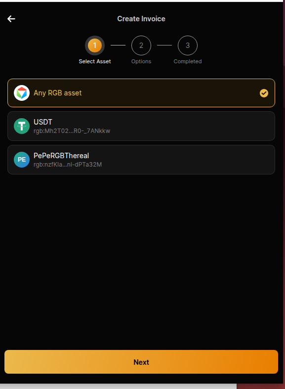 UniSat Create Invoice, step 1: Any RGB asset selected
